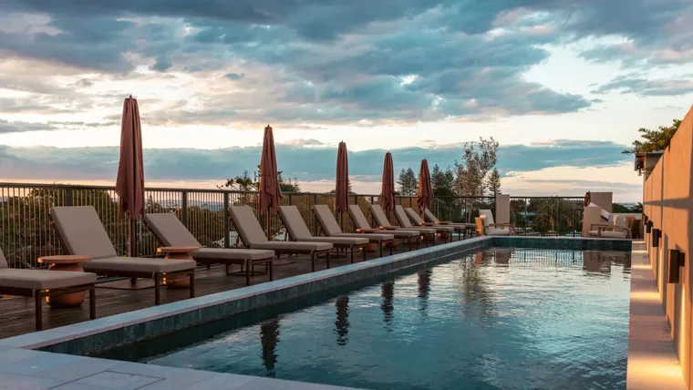 Rooftop pool at dusk at Hotel Marvell, a best hotel in Byron Bay