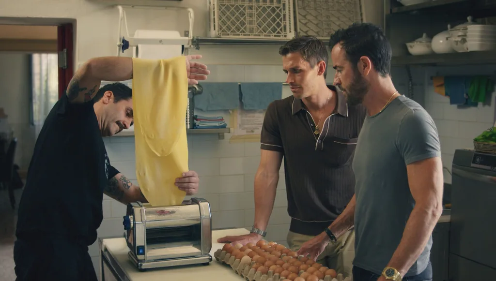 Chef Fabio Delledone shows Antoni Porowski and actor Justin Theroux how to make tortelli at Ristorante Belrespiro in Agazzano, Italy.