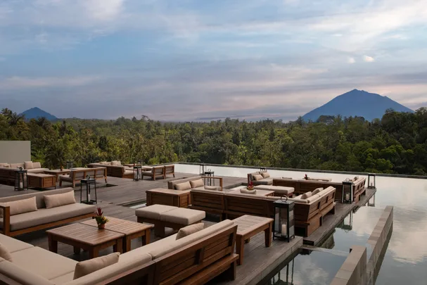 The lobby bar and deck at Anantara Ubud Bali Resort with serene mountain views