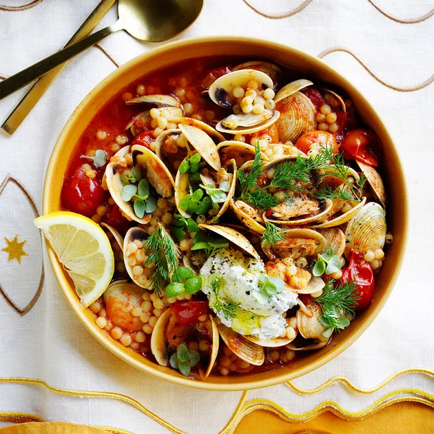 Vodka clam bake with fregola and smoky tomatoes recipe - Gourmet Traveller
