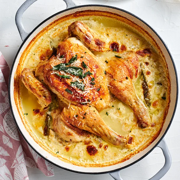 Chicken cooked in milk with buttered spinach