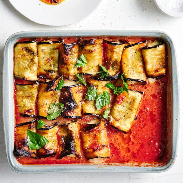 Eggplant parmigiana involtini recipe in a baking dish
