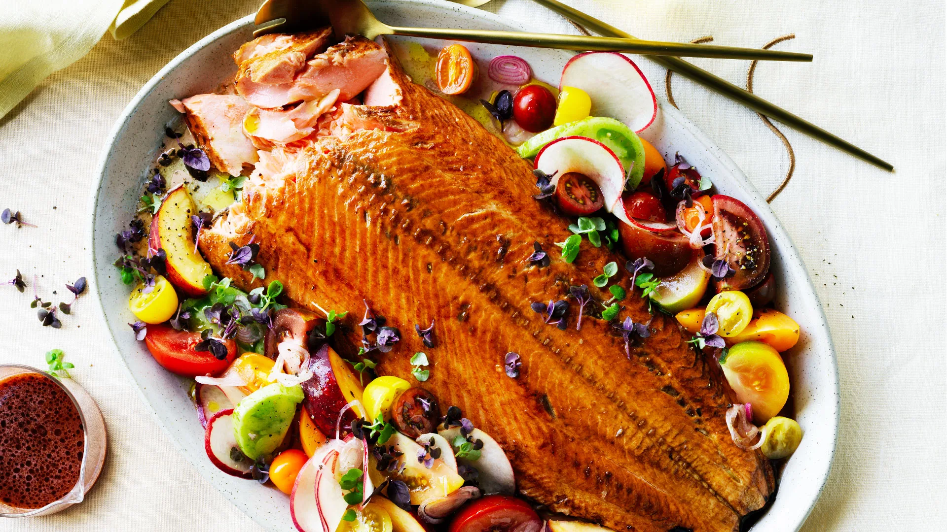 Ōra king salmon with tomato and peach salad