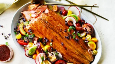 Ōra king salmon with tomato and peach salad