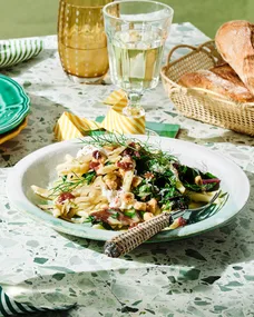 Rainbow chard and anchovy strozzapreti with salsa agrodolce