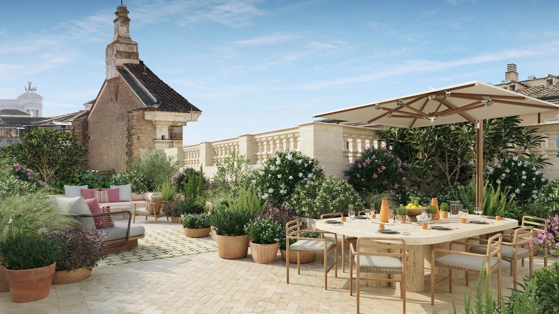 The tranquil rooftop terrace offering sweeping city views at Six Senses Rome