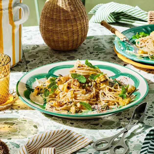 Spaghetti with charred corn, miso-pepper butter and mint recipe - Gourmet Traveller