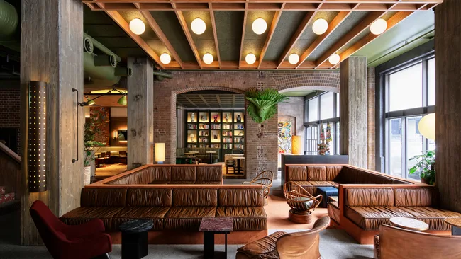 The chic yet cosy lobby at Ace Hotel in Sydney NSW.