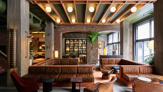 The chic yet cosy lobby at Ace Hotel in Sydney NSW.