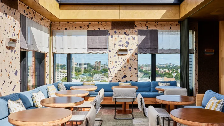 The contemporary rooftop at Kiln restaurant and bar at the Ace Hotel in Sydney.