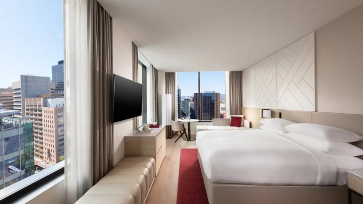 The light-filled Premium King Room suite overlooks the city at the Adelaide Marriott