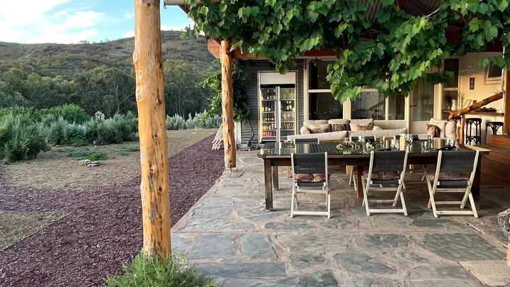The outdoor stone terraces overlooks the outback at Arkaba Homestead, Flinders Ranges.