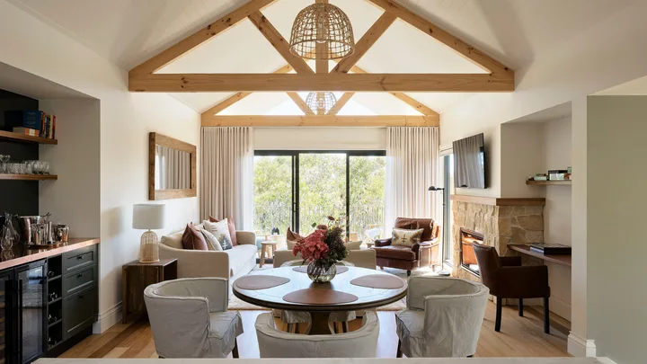 The Hamptons-style living room at the Lodge at Bells at Killcare.
