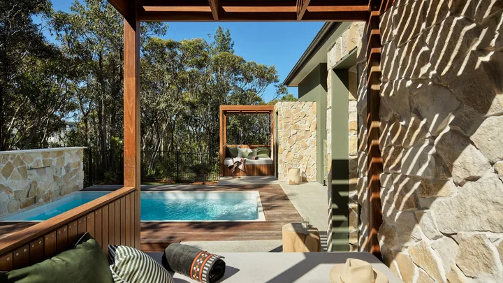 A sunny courtyard with private pool at the Lodge at Bells at Killcare.