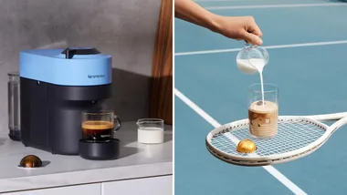 coffee machine on bench in left image, right imaged iced coffee on tennis racket at tennis court