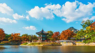 Hyangwonjeong Pavilion in Gyeongbokgung Palace in autumn, Seoul, South Korea.