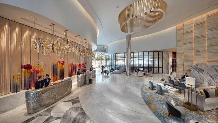 The elegant, spacious lobby at the Crown Towers Sydney