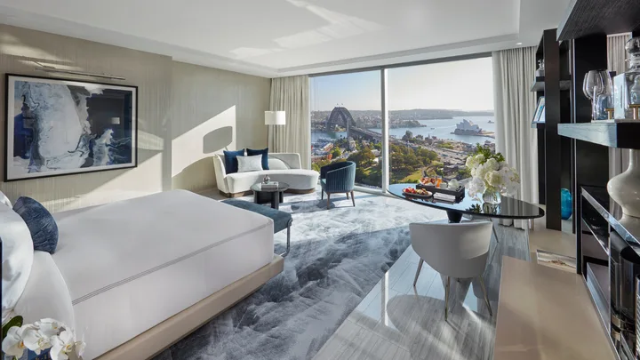 The coastal-style interior of the Opera Studio with harbour bridge views at the Crown Tower Sydney