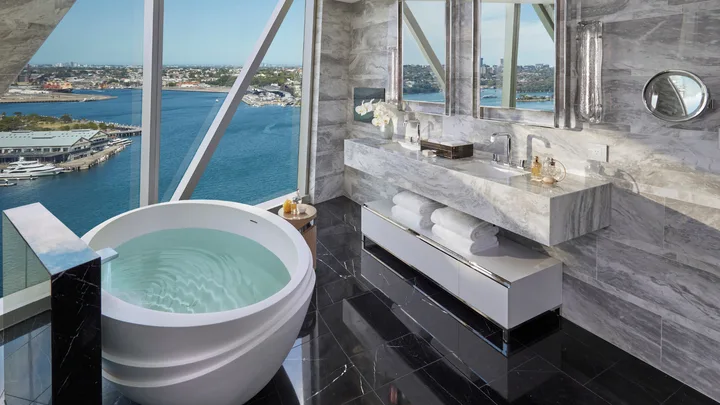 The bathroom at the Premier Suite at the Crown Towers Sydney with sweeping harbour views