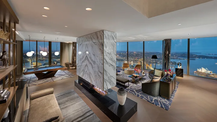 The luxurious lounge area at the Presidential Villa at the Crown Towers Sydney.
