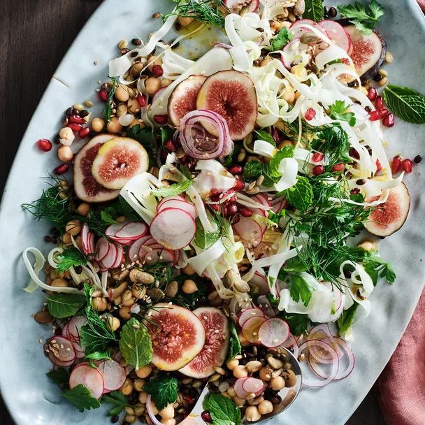 Fig and fennel grain salad with citrus dressing and spiced nuts