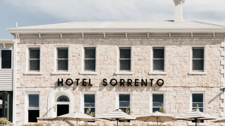 The beachy facade at Hotel Sorrento, Mornington Peninsula