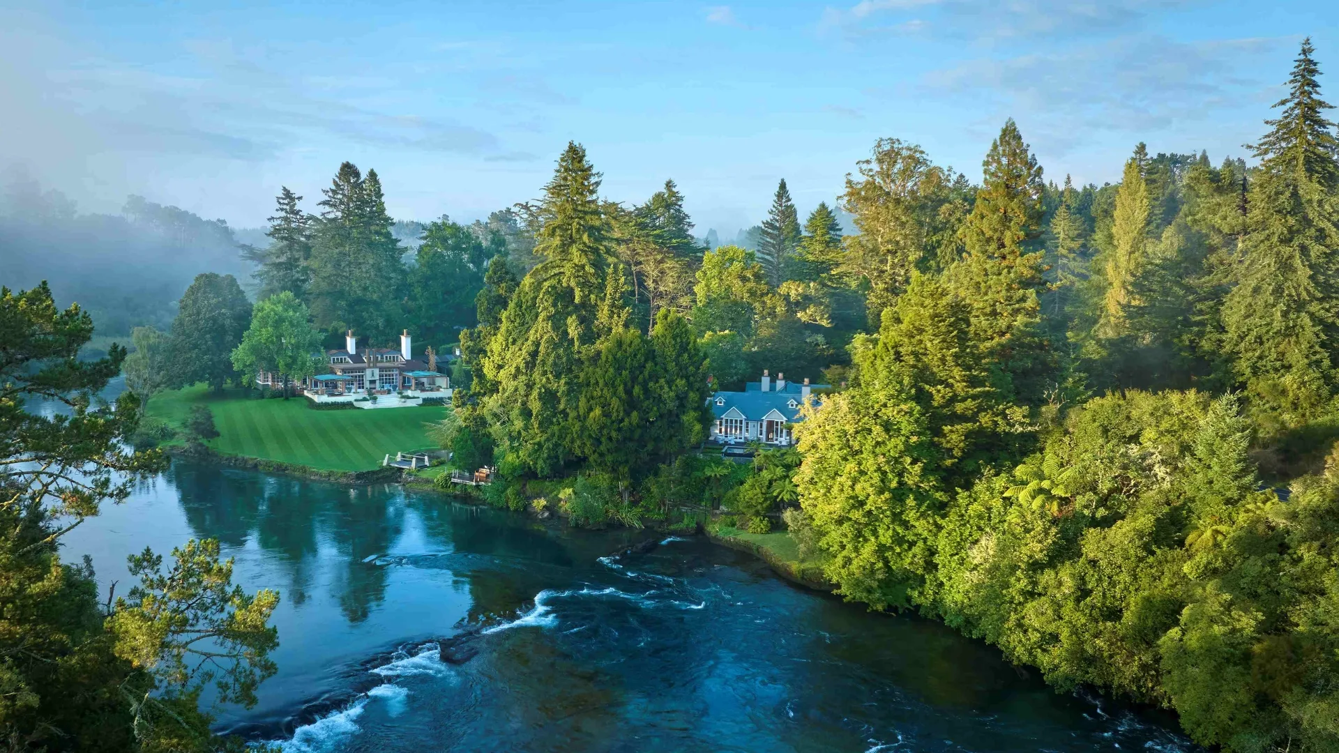 Location shot of Huka Lodge on the Waikato River