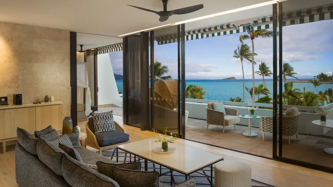 The coastal-style interior of the Hayman Suite with ocean views at the Intercontinental Hayman Island, Great Barrier Reef.