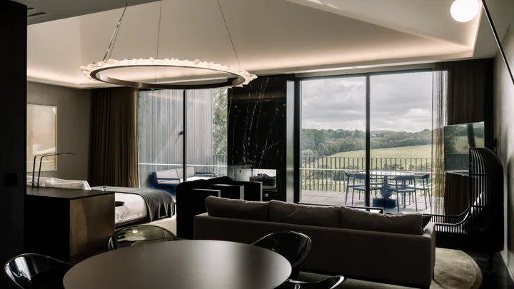 The dark and glamourous interior of the Lair Suite at Jackalope Hotel, Mornington Peninsula