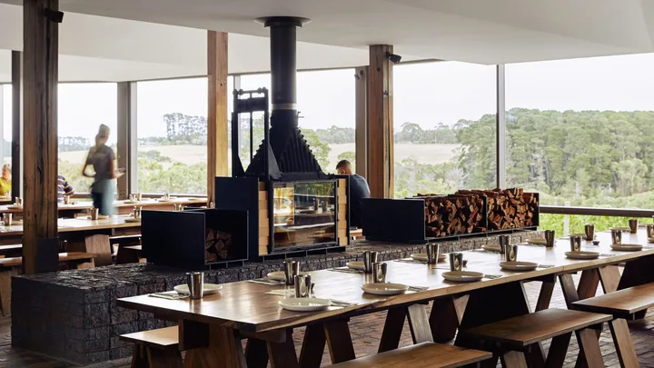 The rustic interior of Rare Hare restaurant at Jackalope Hotel, Mornington Peninsula