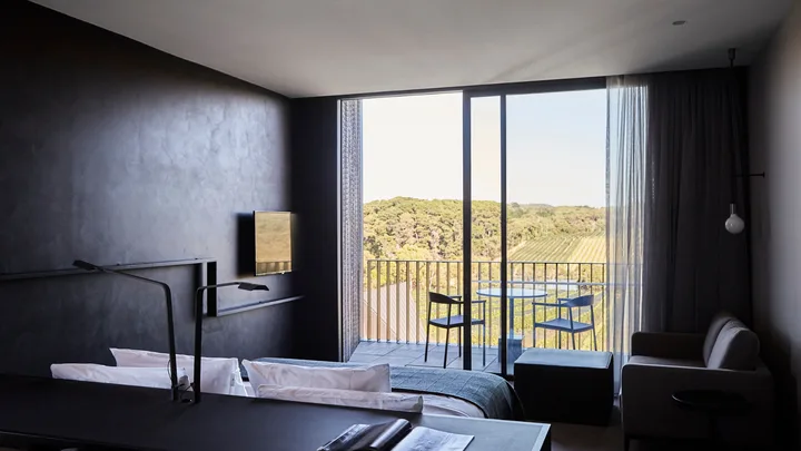 The vineyard room at Jackalope Hotel overlooking vineyards at Jackalope Hotel, Mornington Peninsula