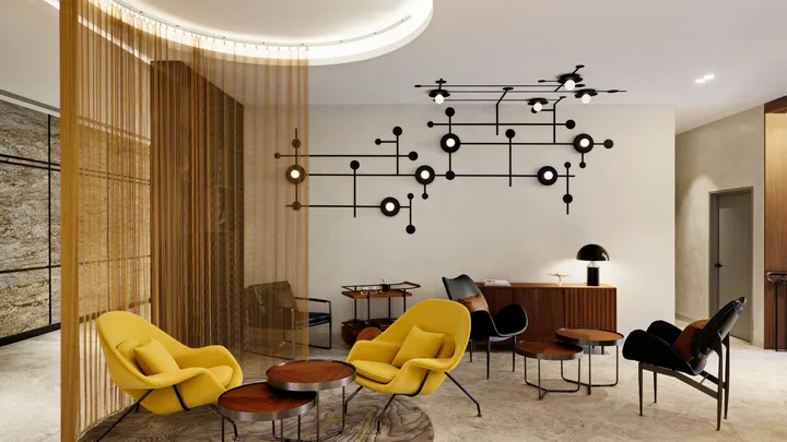 The quirky and elegant art deco style lobby at Le Méridien Melbourne