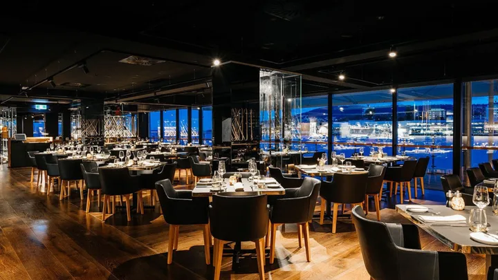 Views over the water from the stylish Old Wharf restaurant at MACq01 Hotel, Hobart