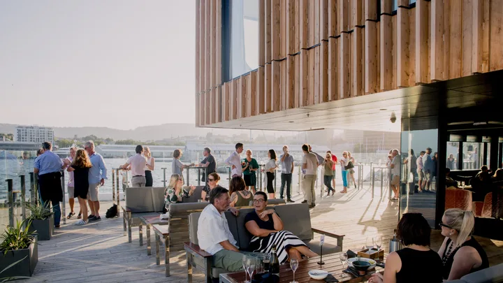 The outdoor deck bar at MACq01 Hotel, Hobart