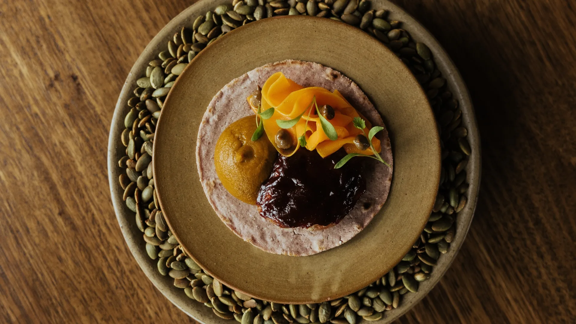 Slow cooked short rib al pastor, aji amarillo, pineapple with tortilla.