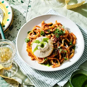 Pici con ’nduja with peperonata and burrata