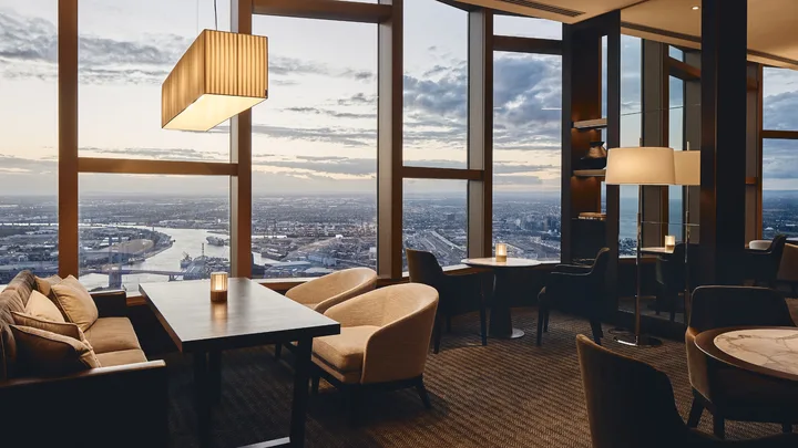 Cameo Bar at dusk with city views and an elegant outlook at The Ritz-Carlton Melbourne
