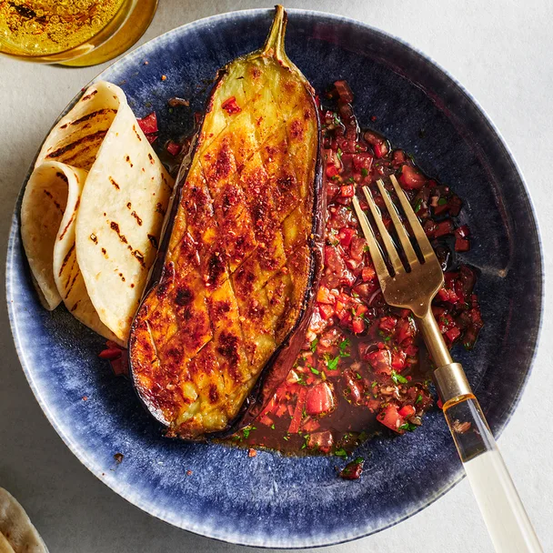 Roast eggplant with ezme salad and flatbread