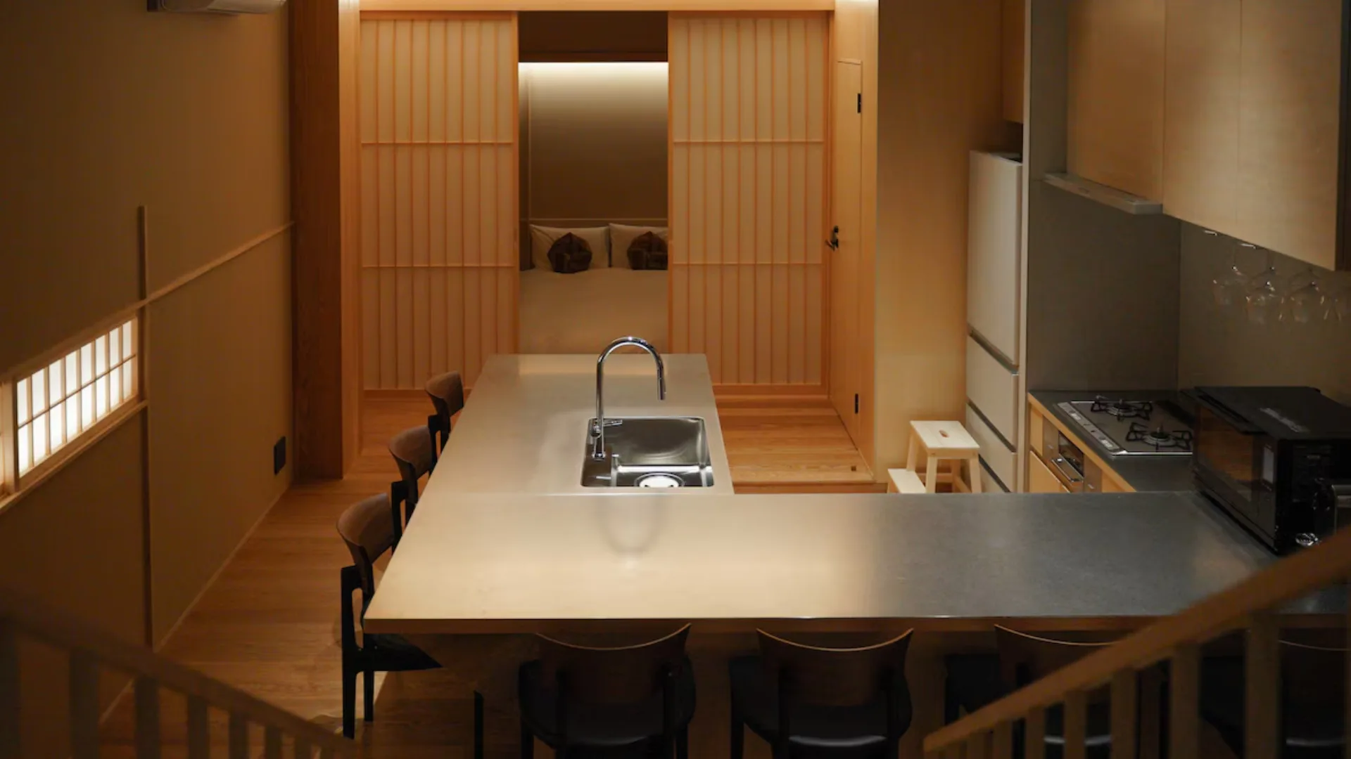 The warm wooden interiors of Shirakaba Roku in Osaka, Japan