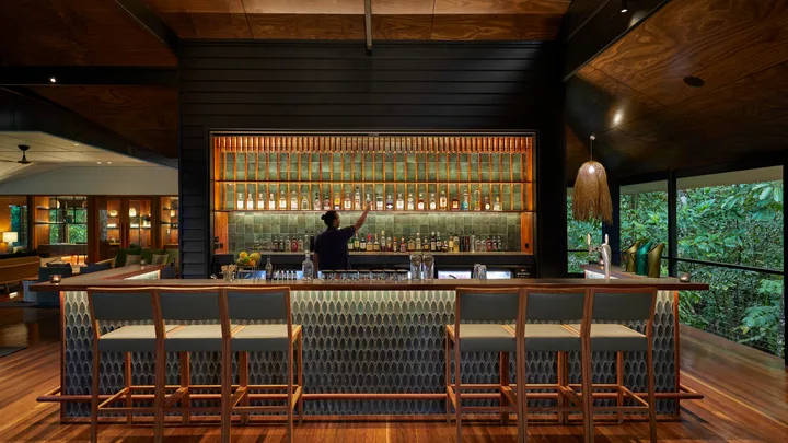 The elegant green-tiled bar at Silky Oaks Lodge, Daintree