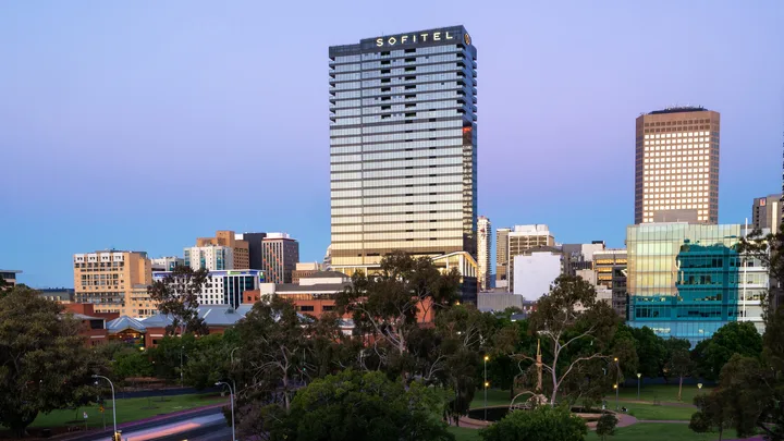 The exterior of the Sofitel Adelaide, overlooking the city
