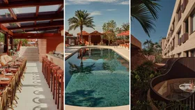 three images of the Eve Hotel in Sydney exteriors, from the restaurant, pool and terraces