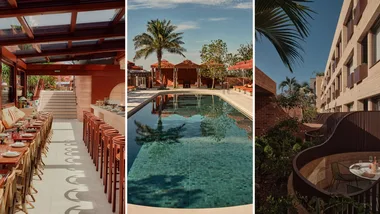 three images of the Eve Hotel in Sydney exteriors, from the restaurant, pool and terraces