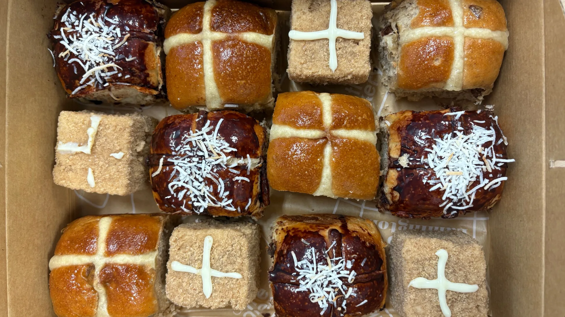 Tokyo Lamington's hot cross bun mix: hot cross lamington, lamington cross bun and yuzu hot cross bun.