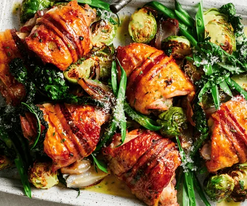Roast chicken, pancetta and Brussels sprouts tray bake