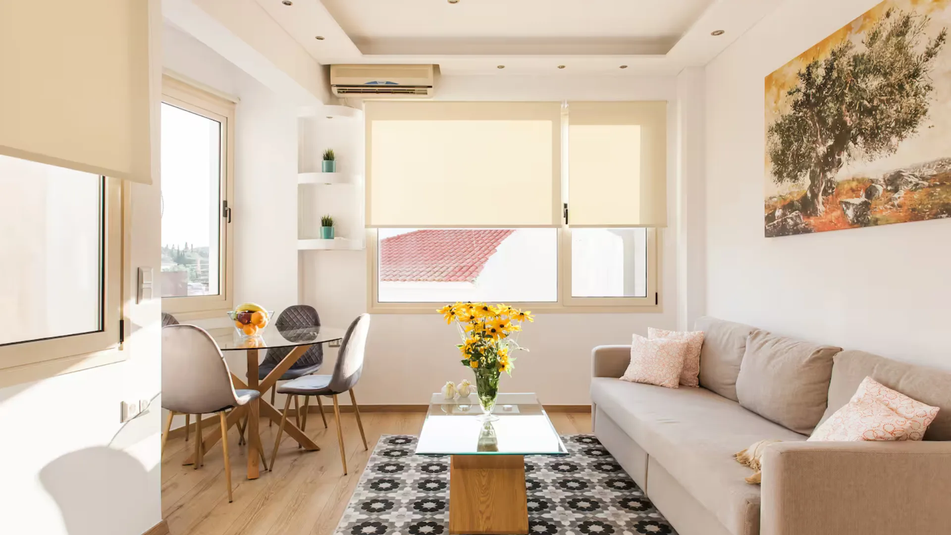 picture of a living room of an airbnb in athens by the acropolis with warm interiors