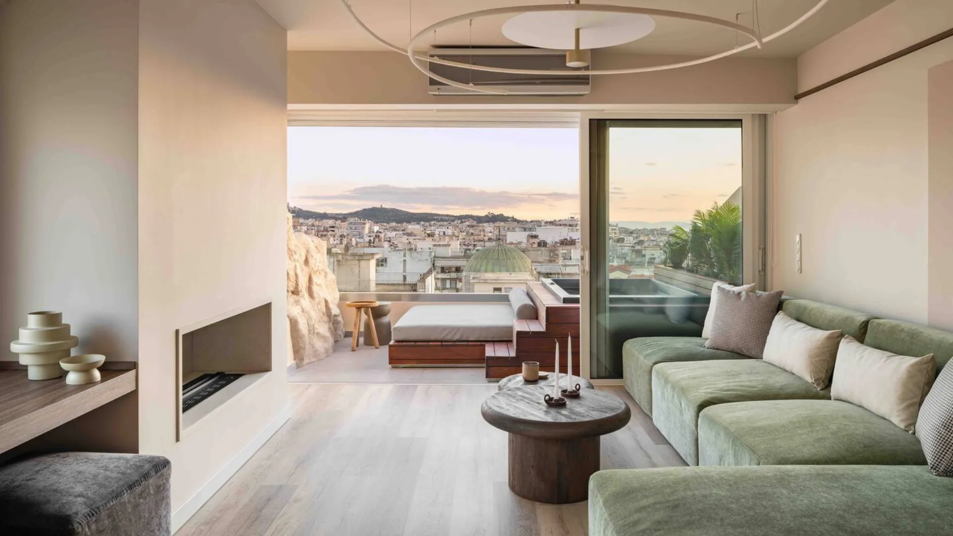 living room image of a luxury airbnb stay in athens greece with views of the acropolis
