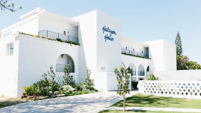 Crisp white facade of Halcyon House at Cabarita Beach on the northern NSW coast
