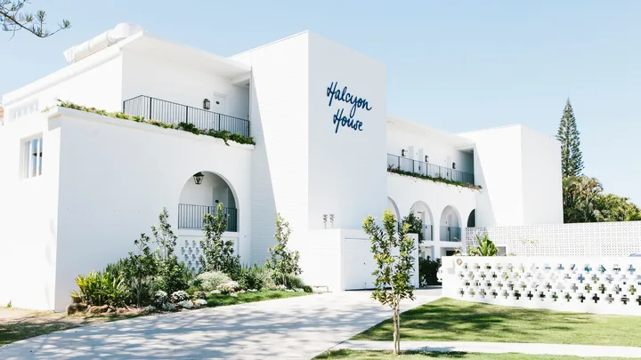 Crisp white facade of Halcyon House at Cabarita Beach on the northern NSW coast