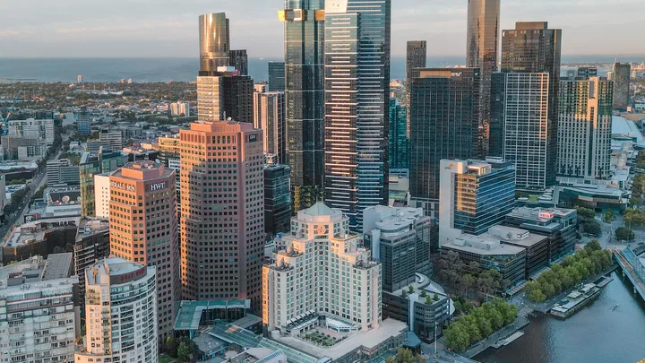 The imposing exterior of the 25-storied Langham Melbourne near Flinders Station.